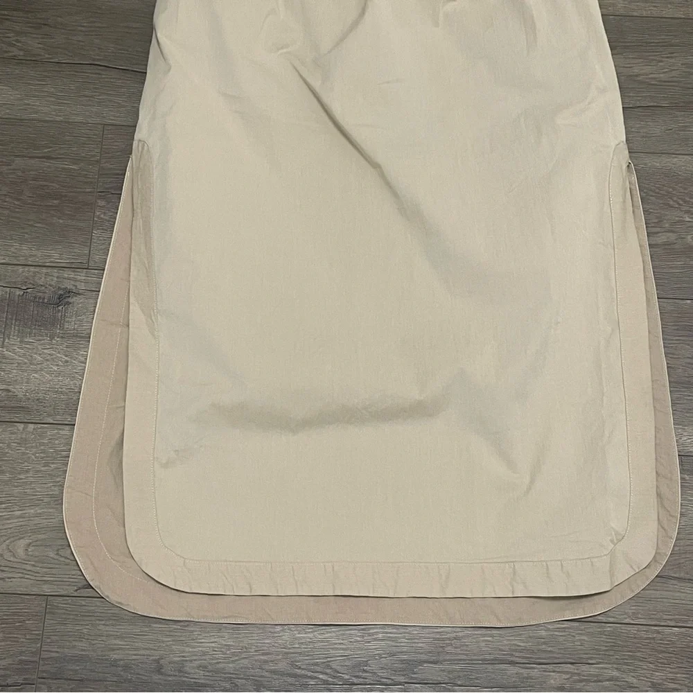 By Anthropologie Smocked Skirt Tan Maxi Midi Pull On Khaki Side Slit Pocket XL